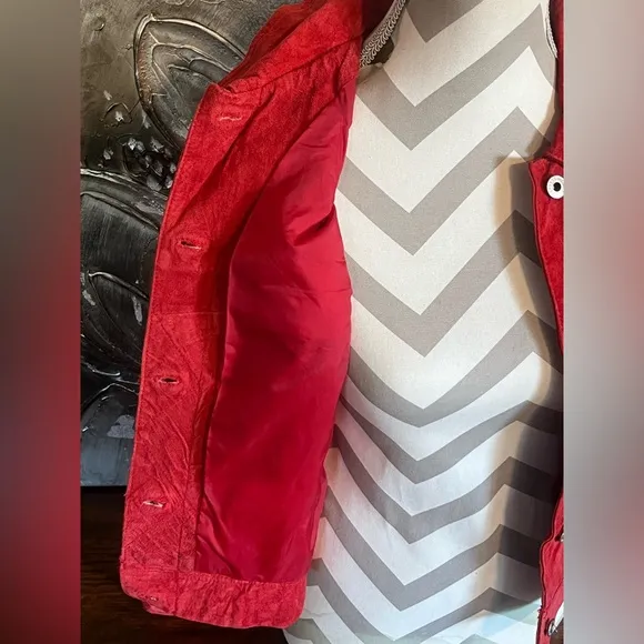 100% Suede Red Leather Express Button Up Collared Jacket~ Size M