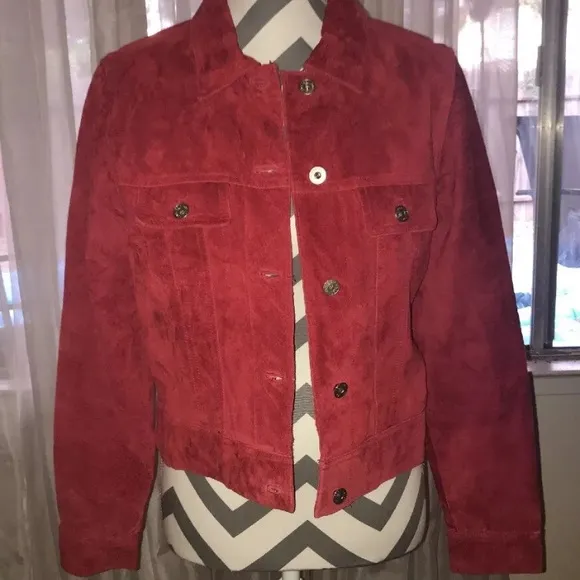 100% Suede Red Leather Express Button Up Collared Jacket~ Size M