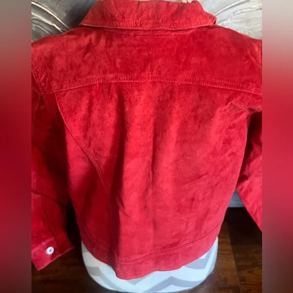 100% Suede Red Leather Express Button Up Collared Jacket~ Size M