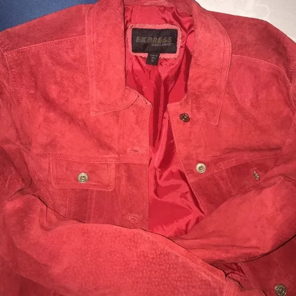 100% Suede Red Leather Express Button Up Collared Jacket~ Size M