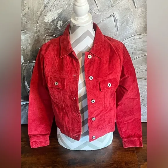 100% Suede Red Leather Express Button Up Collared Jacket~ Size M