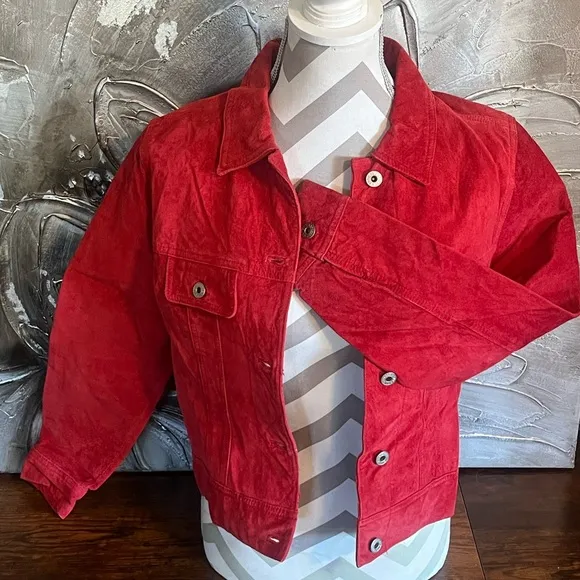 100% Suede Red Leather Express Button Up Collared Jacket~ Size M