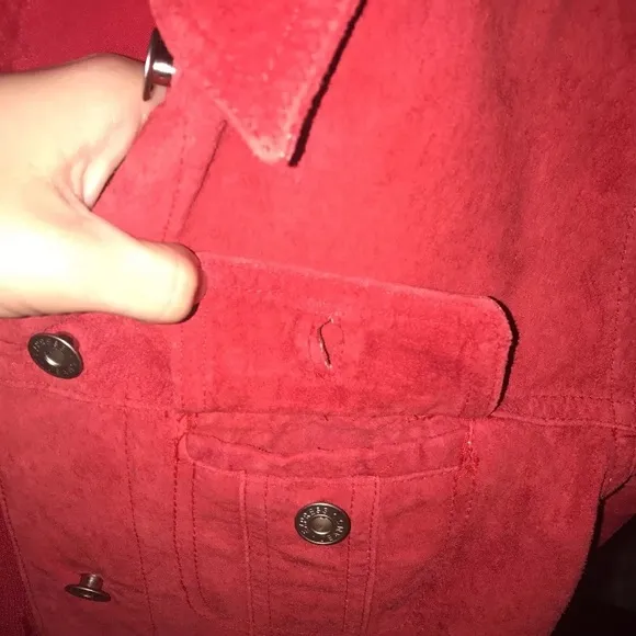 100% Suede Red Leather Express Button Up Collared Jacket~ Size M