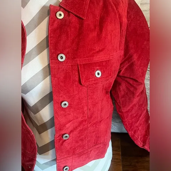 100% Suede Red Leather Express Button Up Collared Jacket~ Size M