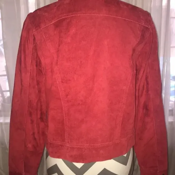 100% Suede Red Leather Express Button Up Collared Jacket~ Size M