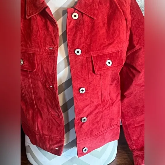 100% Suede Red Leather Express Button Up Collared Jacket~ Size M