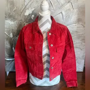 100% Suede Red Leather Express Button Up Collared Jacket~ Size M