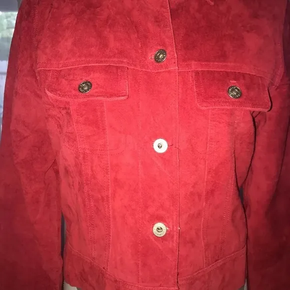 100% Suede Red Leather Express Button Up Collared Jacket~ Size M