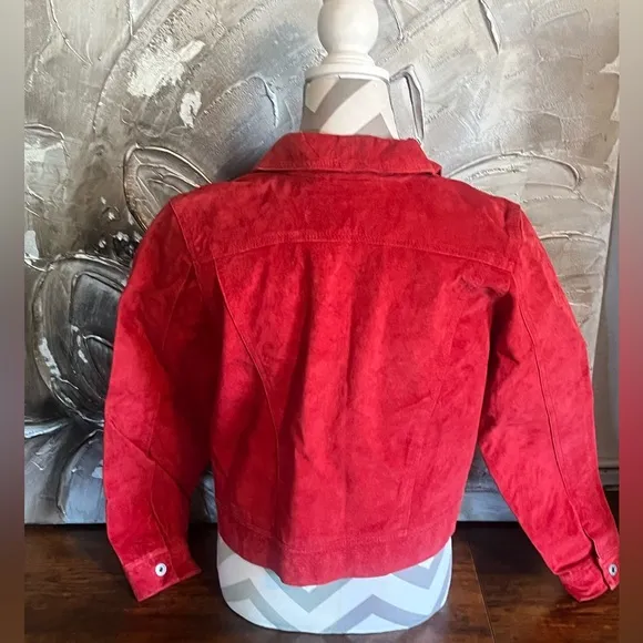 100% Suede Red Leather Express Button Up Collared Jacket~ Size M