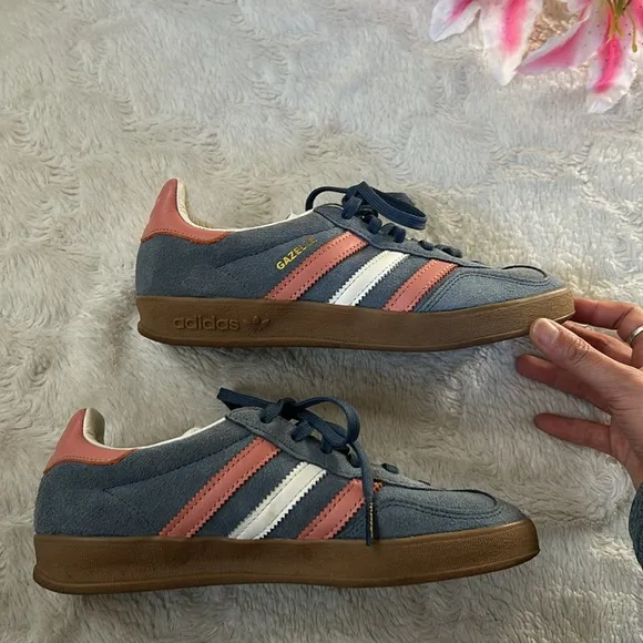 Adidas Gazelle Suede Blue w/Pink &amp; White Stripes Sneakers
