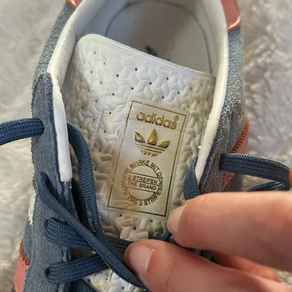 Adidas Gazelle Suede Blue w/Pink &amp; White Stripes Sneakers