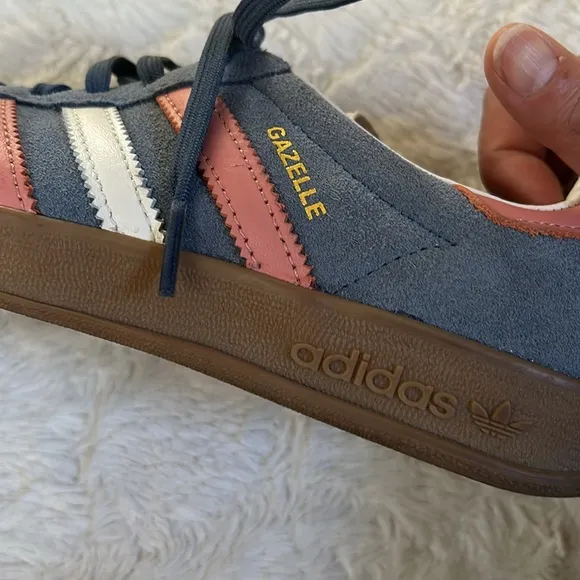 Adidas Gazelle Suede Blue w/Pink &amp; White Stripes Sneakers