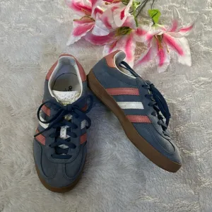 Adidas Gazelle Suede Blue w/Pink &amp; White Stripes Sneakers
