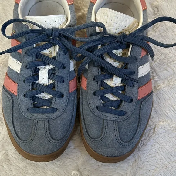 Adidas Gazelle Suede Blue w/Pink &amp; White Stripes Sneakers