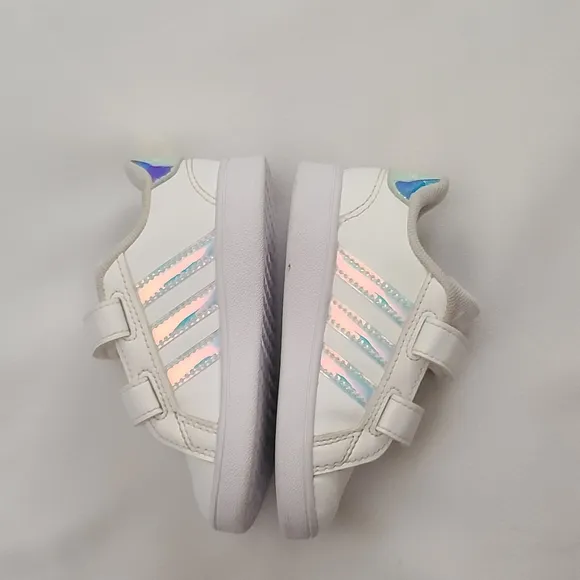 ADIDAS White &amp; Iridescent Grand Court toddler shoes Sneakers Size 6K