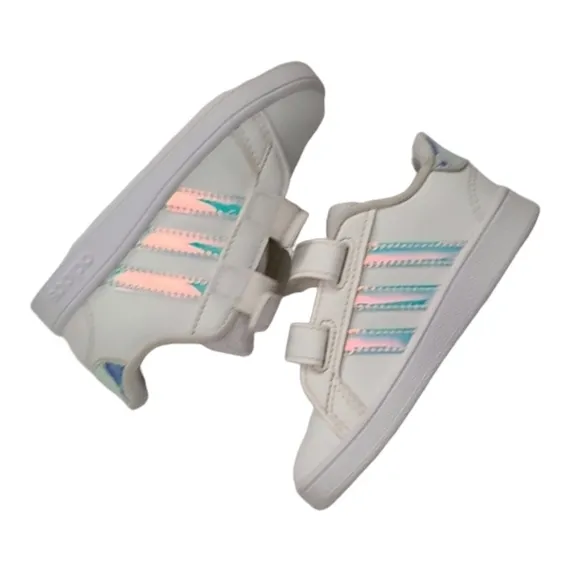 ADIDAS White &amp; Iridescent Grand Court toddler shoes Sneakers Size 6K
