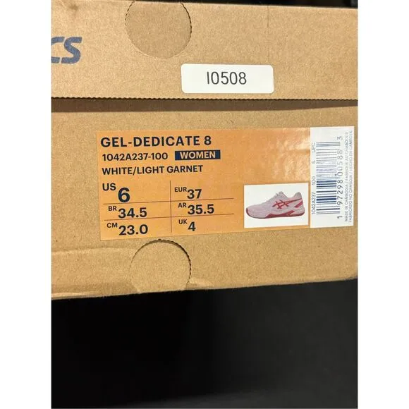 Asics Gel Dedicate 8 White Light Garnet Court Shoes Sneakers 6