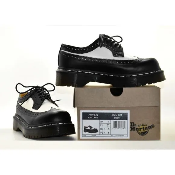 B5 Flawless DR MARTENS 3989 Bex Black &amp; White Leather Wing Tip Shoes Size M5 W6