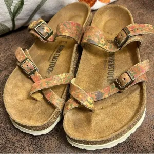 BIRKENSTOCK VINTAGE FLOWER COGNAC LEATHER SUEDE CORK BUCKLES MAYARI 38 REGULAR