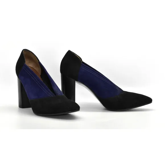 C0 Auth AQUATALIA Black &amp; Blue Colorblock Suede Block Heel Pump Shoes Size 10