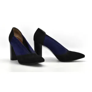 C0 Auth AQUATALIA Black &amp; Blue Colorblock Suede Block Heel Pump Shoes Size 10