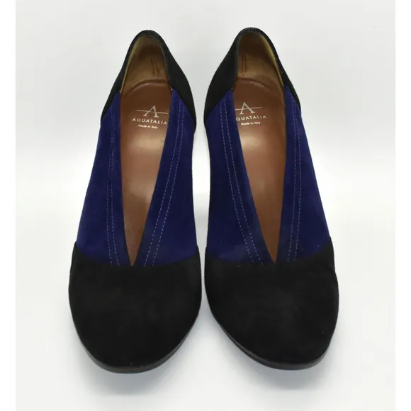 C0 Auth AQUATALIA Black &amp; Blue Colorblock Suede Block Heel Pump Shoes Size 10