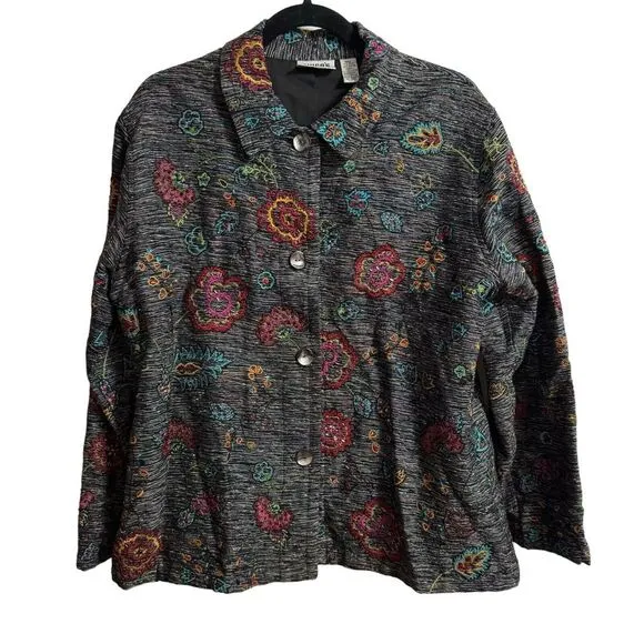 Chico's Design Embroidered Floral Slub Jacket Large Silk Blend Flower