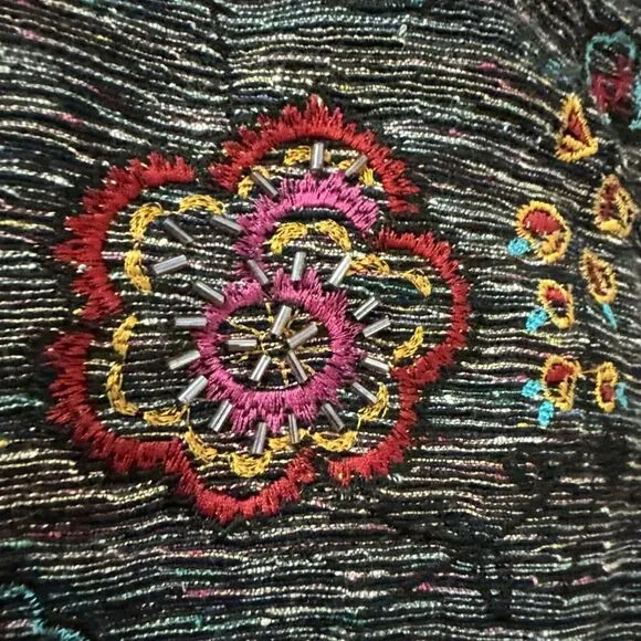 Chico's Design Embroidered Floral Slub Jacket Large Silk Blend Flower