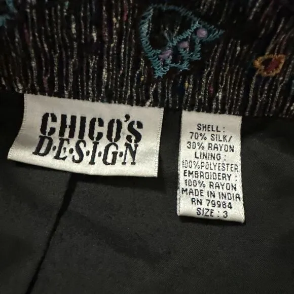Chico's Design Embroidered Floral Slub Jacket Large Silk Blend Flower