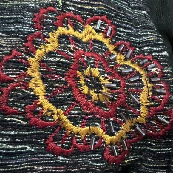 Chico's Design Embroidered Floral Slub Jacket Large Silk Blend Flower