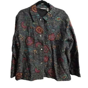 Chico's Design Embroidered Floral Slub Jacket Large Silk Blend Flower