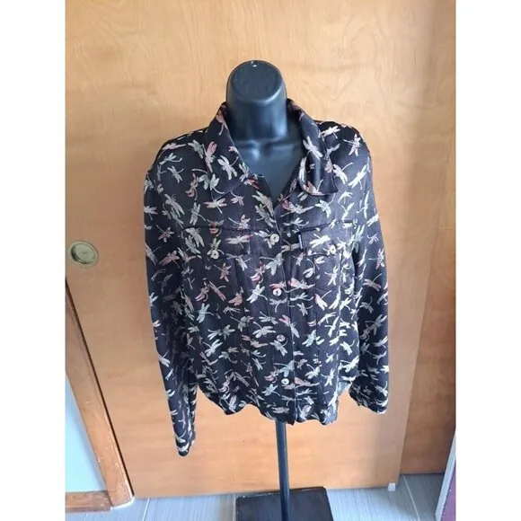 Citron Santa Monica Collection Black Multicolor Dragonfly Jacket Silk Blend L