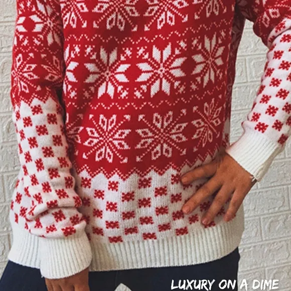 Fair Isle Color Contrast Winter Snowflake Long Sleeve Long Minimalist Sweater