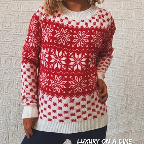 Fair Isle Color Contrast Winter Snowflake Long Sleeve Long Minimalist Sweater