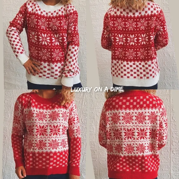 Fair Isle Color Contrast Winter Snowflake Long Sleeve Long Minimalist Sweater