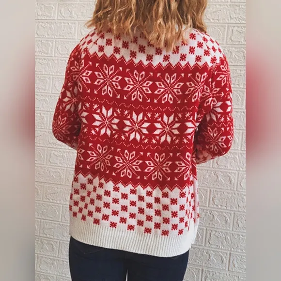 Fair Isle Color Contrast Winter Snowflake Long Sleeve Long Minimalist Sweater