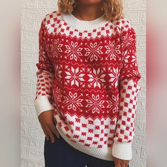 Fair Isle Color Contrast Winter Snowflake Long Sleeve Long Minimalist Sweater