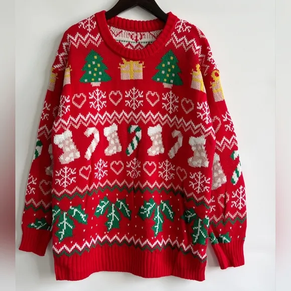 Festive Knit Top Santa Candy Canes Trees Round Neck Long Sleeve Holiday Sweater