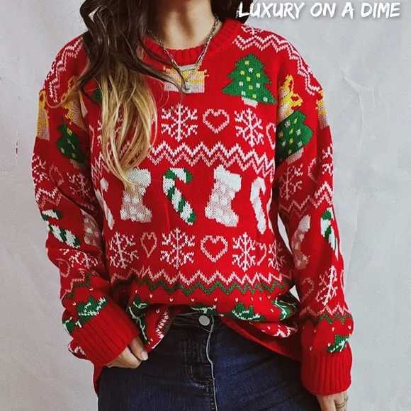 Festive Knit Top Santa Candy Canes Trees Round Neck Long Sleeve Holiday Sweater