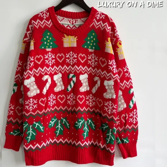 Festive Knit Top Santa Candy Canes Trees Round Neck Long Sleeve Holiday Sweater