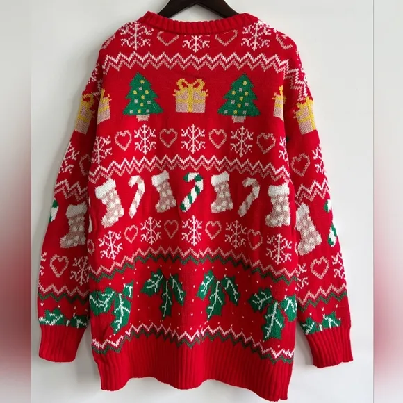 Festive Knit Top Santa Candy Canes Trees Round Neck Long Sleeve Holiday Sweater