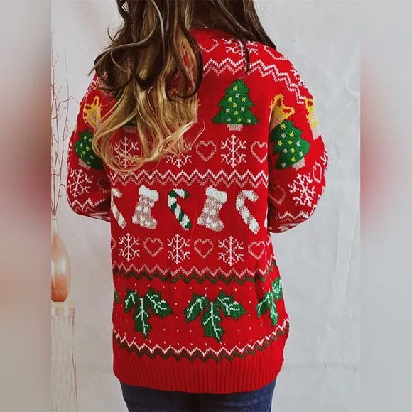 Festive Knit Top Santa Candy Canes Trees Round Neck Long Sleeve Holiday Sweater