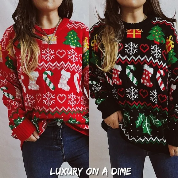 Festive Knit Top Santa Candy Canes Trees Round Neck Long Sleeve Holiday Sweater