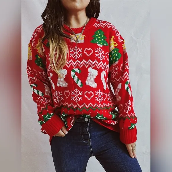 Festive Knit Top Santa Candy Canes Trees Round Neck Long Sleeve Holiday Sweater