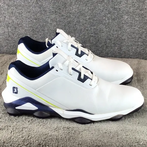 FootJoy Tour Alpha Men's White &amp; Navy Golf Shoes Spikes Cleats Sz 11.5 EUC 55536