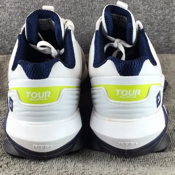 FootJoy Tour Alpha Men's White &amp; Navy Golf Shoes Spikes Cleats Sz 11.5 EUC 55536