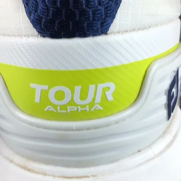 FootJoy Tour Alpha Men's White &amp; Navy Golf Shoes Spikes Cleats Sz 11.5 EUC 55536
