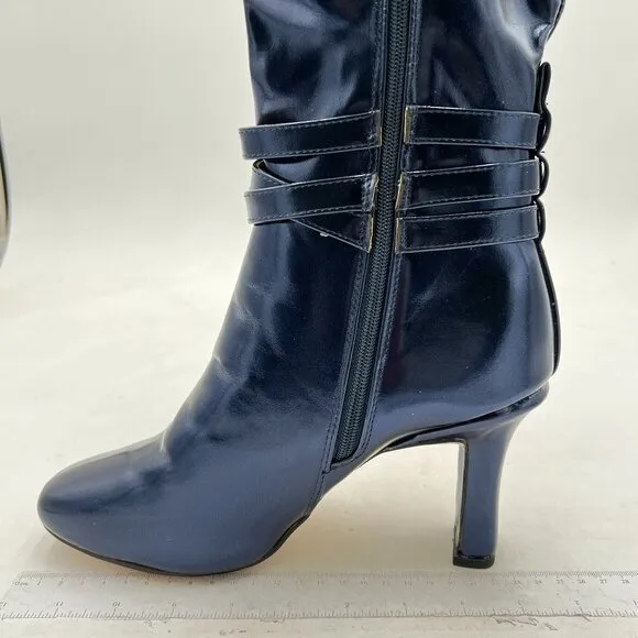 FSJ Dark Blue Knee High Long Boots Closed Toe Chunky Mid Heel Side Zipper Shoes