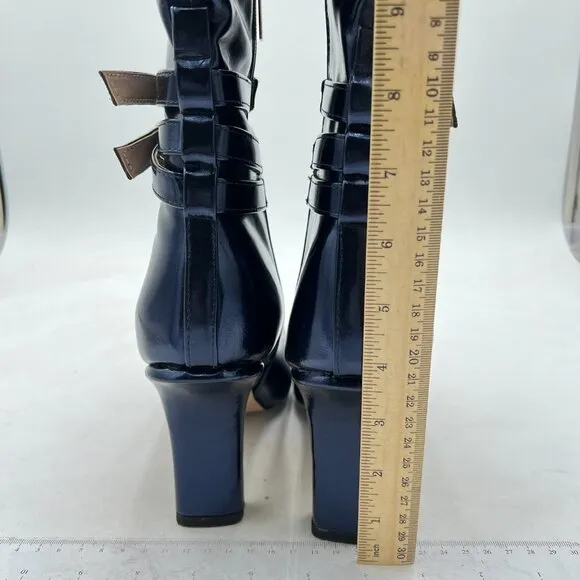 FSJ Dark Blue Knee High Long Boots Closed Toe Chunky Mid Heel Side Zipper Shoes