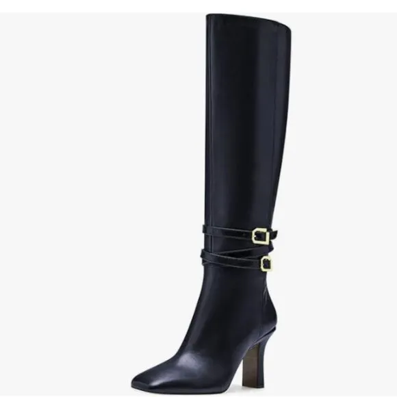 FSJ Dark Blue Knee High Long Boots Closed Toe Chunky Mid Heel Side Zipper Shoes